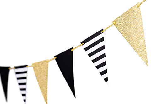 Product Cover 10 Feet Gold Black New Year Triangle Banner Decoration New Years Eve Supplies Bunting Signs Decoration for Birthday Gatsby Party Supplies Nursery Decoration Flags 15 Pcs (Gold Black Striped)