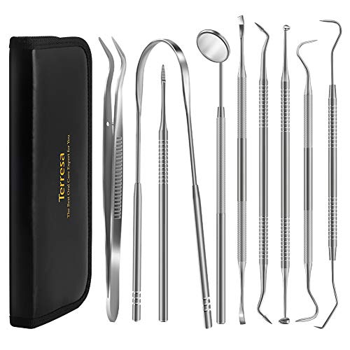 Product Cover Dental Tools, Terresa 9 Pack Dental Pick Stainless Steel Dental Scaler Hygiene Kit, Dental Scraper and Mouth Mirror, Teeth Cleaning Tool for Dentist, Home & Pet Oral Care Set with Leather Case