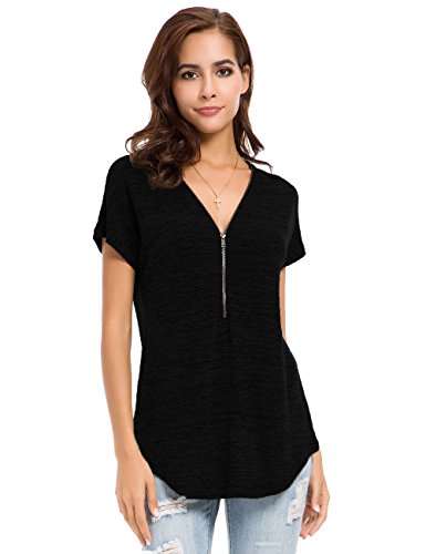 Product Cover LUSMAY Womens Loose Fitting Zip Up Deep V Neck Short Sleeve Tops Tunic Casual T Shirts Blouse