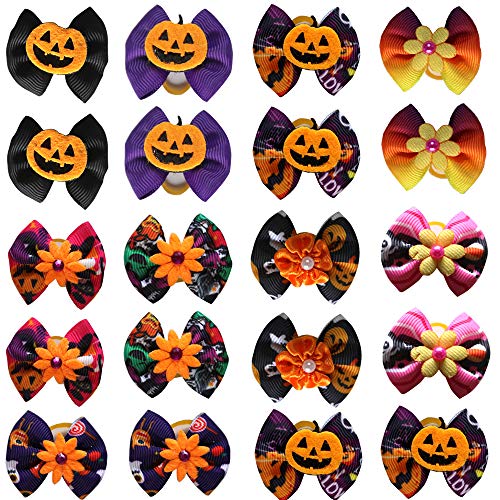 Product Cover MaSue Pets 40pcs/Pack Dog Hair Bows Pumpkin with Rubber Bands Thanksgiving Dog Bows Bowknot Fall Autumn Dog Bows Dog Topknot Bows Pet Grooming Products