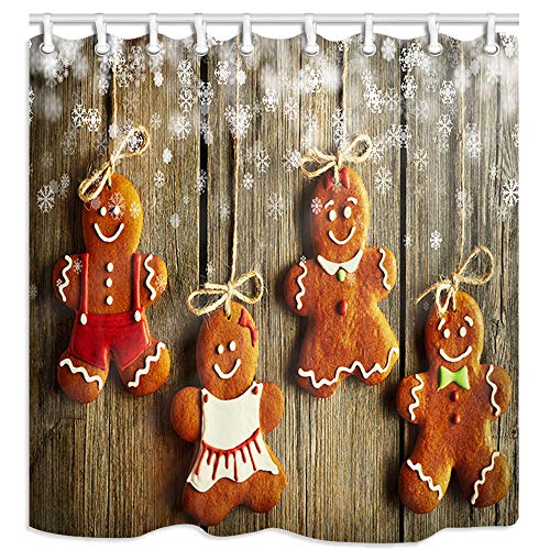 Product Cover KOTOM Christmas Shower Curtain, Christmas Homemade Gingerbread Couple Cookies Over Wooden Background, Polyester Fabric Bath Curtains with Hooks 69W X 70L Inches