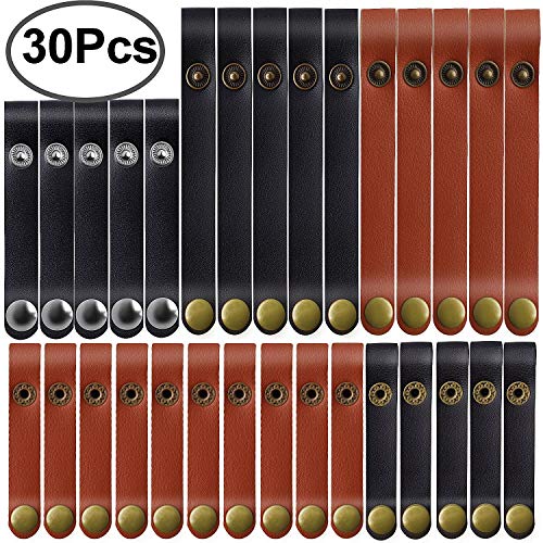 Product Cover Outee 30 Pcs Leather Cable Straps Leather Cable Ties 6/4/3 Inch Wire Organizer Cord Keeper Management Cord Holder for USB Cable Headphone Wire