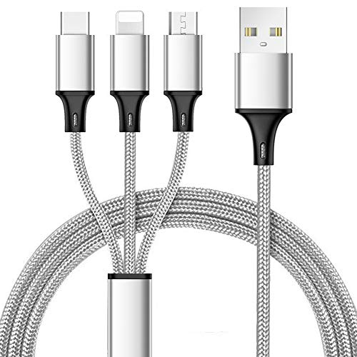 Product Cover Multi Charger Cable, 4ft 3 in 1 Universal Nylon Braided Multiple USB Charging Cord with Micro USB/Type C Connector Compatible with Phone 7Plus/Galaxy S8 and More-Silver