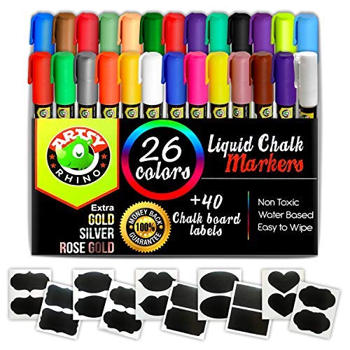 Product Cover Liquid Chalk Markers - 26 Assorted Neon & Metallic Colors | Chalkboard Safe Dustless Wet Erase Paint Pens | Fine Tips for Blackboard, Glass & Windows, Bistro & Restaurant Menu Board Use, Kids Art
