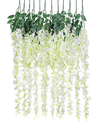Product Cover Artificial Silk Wisteria Vine Rattan Garland Fake Hanging Flower Wedding Party Home Garden Outdoor Ceremony Floral Decor,3.18 Feet, 6 Pieces (White-2)