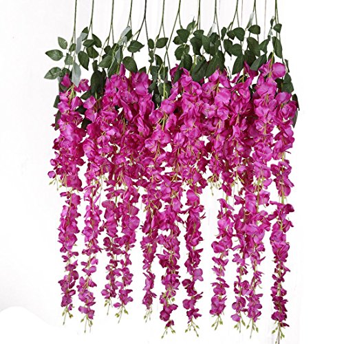 Product Cover Artificial Silk Wisteria Vine Rattan Garland Fake Hanging Flower Wedding Party Home Garden Outdoor Ceremony Floral Decor,3.18 Feet, 6 Pieces (Rose Red-2)