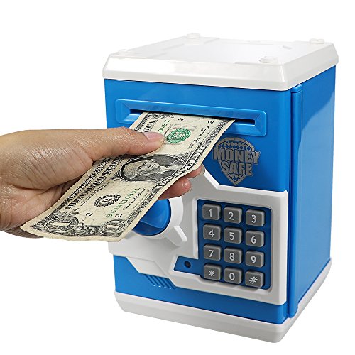 Product Cover Elemusi Cartoon Electronic Password Mini ATM Piggy Bank Cash Coin Can Auto Scroll Paper Money Saving Box, for Children Kids (Blue)