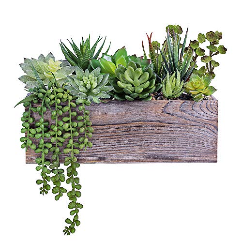 Product Cover Supla Rustic Wood Pre-Potted Fake Succulent Planter Artificial Pre-Made Succulent Wood Planter Arrangement 11 Pcs Assorted Artificial Succulent Plants in Rectangular Brown Wooden Planter Box