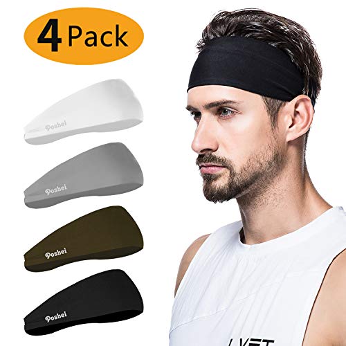 Product Cover poshei Mens Headband (4 Pack), Mens Sweatband & Sports Headband for Running, Crossfit, Cycling, Yoga, Basketball - Stretchy Moisture Wicking Unisex Hairband