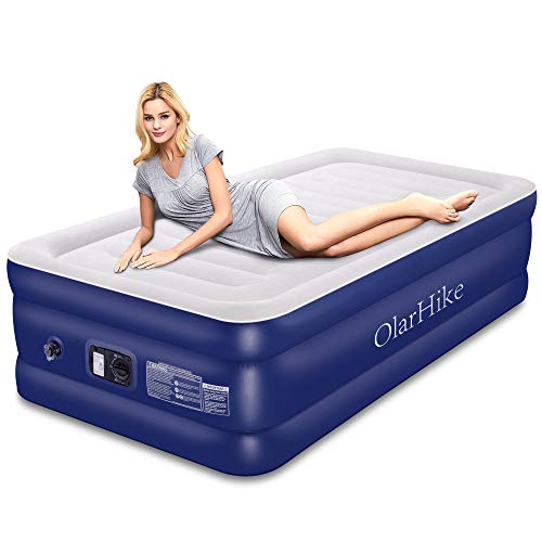 Product Cover OlarHike Twin Air Mattress with Built-in Pump, Elevated Double High Airbed for Guests, Blow Upgraded Camping Beds for Adults, Flocked Top, Inflated Size: 75×40×18 inches, 18, Blue