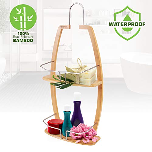 Product Cover Rustproof Hanging Wood Shower Caddy - 2 Tier Waterproof and Natural Bamboo Bathroom Wall Organizer with Stainless Steel Shelf Rack for Shampoo, Conditioner and Soap Storage - SereneLife SLSHCD45