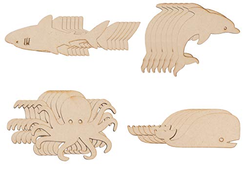 Product Cover Wood Cutouts - 24-Pack Unfinished Wooden Cutouts, Octopus, Shark, Whale, Dolphin Shapes for DIY Arts and Crafts Projects, Decorations, Ornaments, 6 of Each