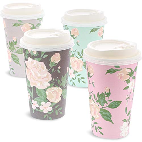 Product Cover Juvale 24 Pack Vintage Floral Paper Insulated Coffee Cups with Lids, 4 Designs, 16 Ounces