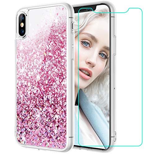 Product Cover Maxdara Case for iPhone Xs Max Glitter Case Tempered Glass Screen Protector Floating Liquid Bling Sparkle Luxury Pretty Fashion Cute Girls Women XS Max Case 6.5 inches (Rosegold)