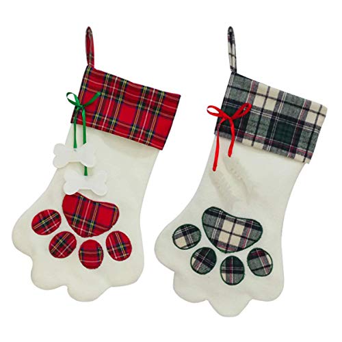 Product Cover SherryDC Dog Cat Paw Christmas Stockings Set of 2, Plush & Plaid Hanging Socks for Holiday and Christmas Decorations