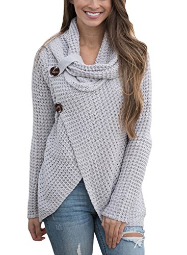 Product Cover Asvivid Women's Chunky Button Turtle Cowl Neck Asymmetric Hem Wrap Pullover Sweater