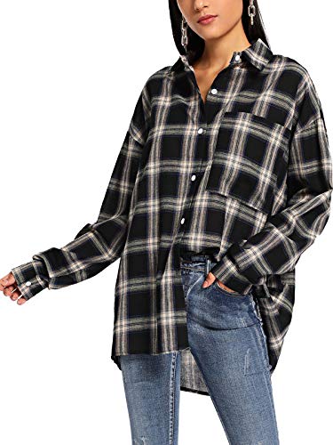 Product Cover MISSLOOK Women's Plaid Shirts Button Down Tops Flannel Roll-up Sleeve Blouses Tunics