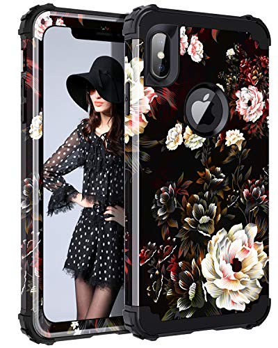 Product Cover LONTECT Compatible iPhone Xs Max Case Floral 3 in 1 Heavy Duty Hybrid Sturdy Armor High Impact Shockproof Protective Cover Case for Apple iPhone Xs Max 6.5 Display, Flower/Black