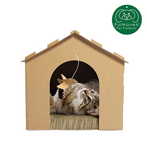 Product Cover Furhaven Pet Cat Furniture | Corrugated Cat Scratcher Cardboard Gingerbread House Condo Hideout w/ Catnip for Cats & Kittens, Cardboard (Brown), One Size