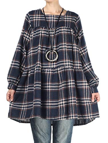 Product Cover Mordenmiss Women's Plaid Tops Plus Size Long Sleeve Blouses Pleated Loose Tunic Shirt