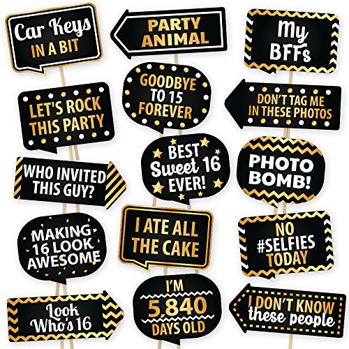 Product Cover Sweet 16 Photo Booth Props By PartyGraphix - European Made 16th Birthday Party Supplies - Sweet 16 Party Decorations - Easy To Assemble Selfie Props Birthday Kit Includes 15 Pieces