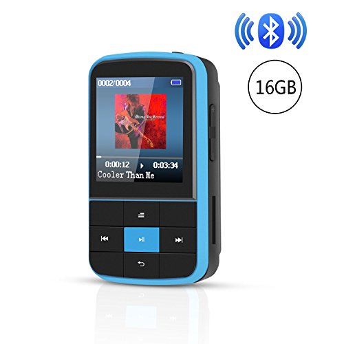 Product Cover AGPTEK 16GB Clip MP3 Player with Bluetooth 4.0, Wearable Portable Music Player with Sweatproof Silicone Case and Sport Armband Expandable Up to 128GB, Blue, G15