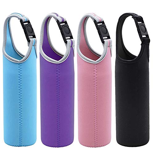 Product Cover DanziX 4 Pack Water Bottle Carrier, Neoprene Sleeve Water Bottles Cup Carrier Pouch with Carrying Handle,Fit for All 16oz-21oz Portable Sport Water Bottle-Black,Blue, Pink,Purple