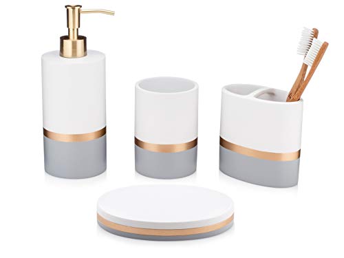 Product Cover Essentra Home Day and Night Collection 4-Piece Bathroom Accessory Set White and Grey with Gold Stripe, Set Includes: Lotion Dispenser, Toothbrush Holder, Tumbler and Soap Dish