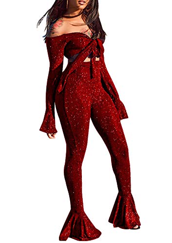 Product Cover Ophestin Women Off Shoulder Glitter See Through Long Flare Sleeve V Neck Crop Top Pants Set 2 Piece Outfits Jumpsuits Red M