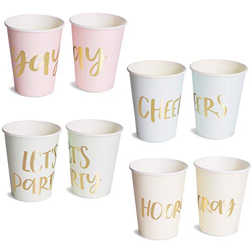 Product Cover Juvale 48-Pack 9 Ounce Gold Foil and Pastel Paper Cups for Birthday and Bachelorette Party Supplies, Let's Party, Hooray, Yay, Cheers