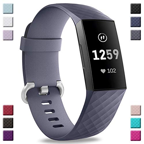 Product Cover Hamile Bands Compatible with Fitbit Charge 3, Waterproof Replacement Watch Strap Fitness Sport Band Wristband for Fitbit Charge 3, Large, Blue Gray