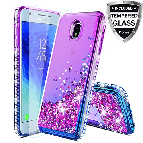 Product Cover Case For Samsung Galaxy J7 Refine Case,Galaxy J7 Star Case/J7 Crown/J7 2018/J7V 2nd Gen/J7 Aero/J7Top Case w/Glass Screen Protector,Glitter Liquid Quicksand Sparkle Diamond for Girls Women,Purple/Blue