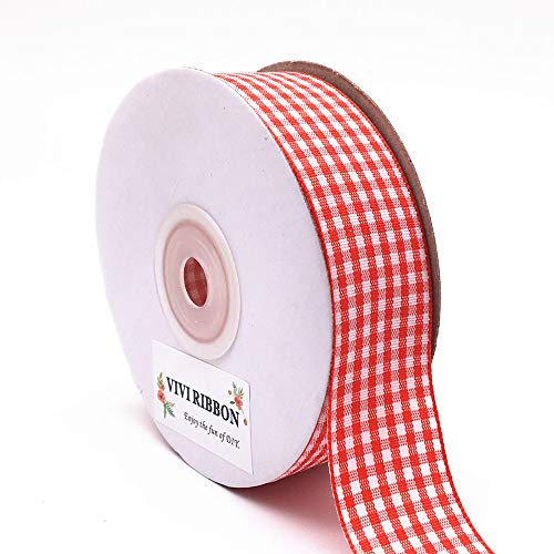 Product Cover Red Gingham Ribbon Checkered Ribbon 1-Inch 25 Yard Each Roll 100% Polyester Woven Edge Picnic Ribbon for Crafts, Christmas Gift Packing, Wedding Decoration(Red)