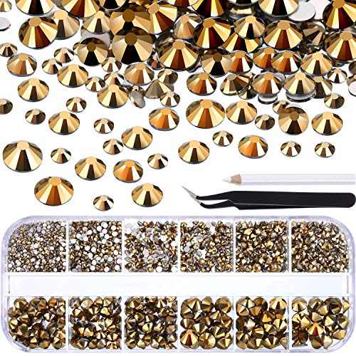 Product Cover TecUnite 2000 Pieces Flat Back Gems Round Crystal Rhinestones 6 Sizes (1.5-6 mm) with Pick Up Tweezer and Rhinestones Picking Pen for Crafts Nail Face Art Clothes Shoes Bags DIY (Metallic Gold)