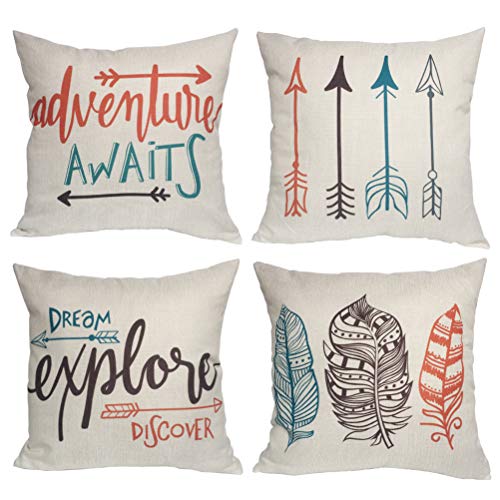 Product Cover Feather Arrows Throw Pillow Case Inspirational Words Cushion Cover Home Decorative Square Pillowcases 18×18 Inch,4pack(Adventure Awaits,Dream Explore Discover, Ethnic Arrows, Feathers)