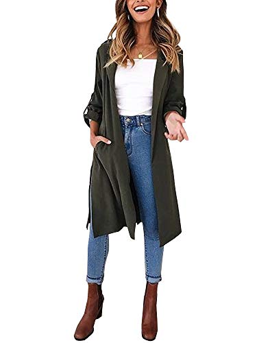 Product Cover Women's Lapel Long Roll-up Sleeves Casual Open Front Long Cardigan Trench Coat Tops with Pockets
