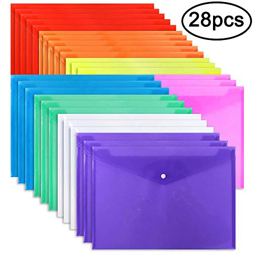 Product Cover EOOUT Poly Envelope Folder 28pcs 8 Color Clear Plastic Envelope with Snap Button Closure A4 Size/Letter Size