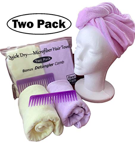 Product Cover 2 Pack Microfiber Quick Dry Hair Towels And Detangler Comb. Value Pack of 2 Soft and Absorbent Magic Wrap Bath Caps