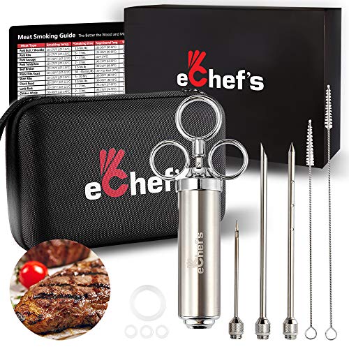 Product Cover eChef's Meat Injector Kit with Case- 304 Stainless Steel Syringe FDA Approved- 3 Marinade Injector Needles for BBQ Grill Smoker, Large 2 oz. Capacity, 2 Cleaning Brushes- Magnetic Meat Smoking Guide