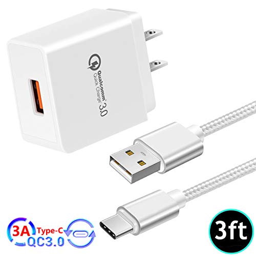 Product Cover Quick Charge 3.0 18W Wall Charger + 3FT 3A Type C Cable Compatible with LG V30 V35 V40 V50 G7 G8 G8X G8s ThinQ Stylo 5 4, Galaxy S10e S10 5G S9 S8 Note 10 9 8 A20 A30 A40 A50 A60 A70 A80 M20 M30 M40