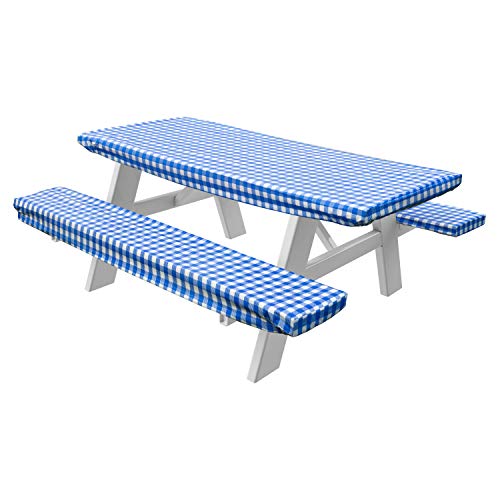 Product Cover HomeCrate Checkered 72 Inch Picnic Table and Bench Fitted Tablecloth Cover, 3-Piece, Blue