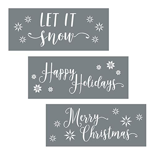 Product Cover Christmas Stencils - Pack of 3 Holiday Stencils for Creating Festive Christmas Decor - Merry Christmas Stencil, Let It Snow and Happy Holiday Stencil Set - Christmas Stencils for Painting on Wood