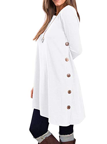 Product Cover KORSIS Women's Long Sleeve Round Neck Button Side T Shirts Tunic Dress White XL