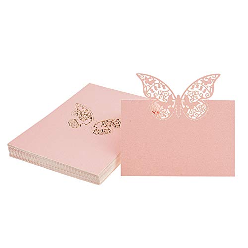 Product Cover Kmall 50PCS Pink Butterfly Blank Card Laser Cut Table Carved Mark Place Name Cards Holder For Guest Engagement Birthday Wedding Birth Baptism Christmas Wedding Banquet Champagne Decoration Party Favor