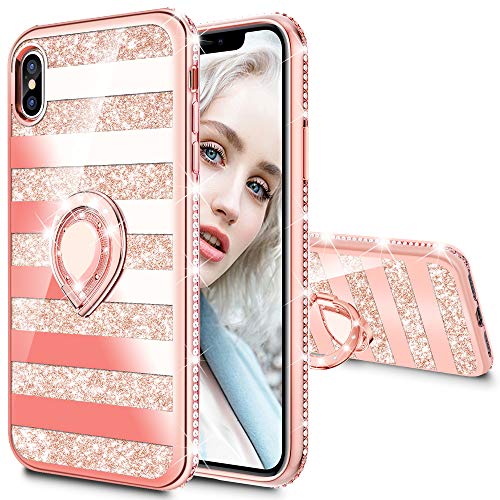 Product Cover Maxdara Case for iPhone X iPhone Xs Glitter Case Striped Ring Holder Kickstand Grip Bling Sparkle Diamond Rhinestone Protective Bumper Luxury Pretty Fashion Girls Women Case X XS 5.8 inch (Rosegold)