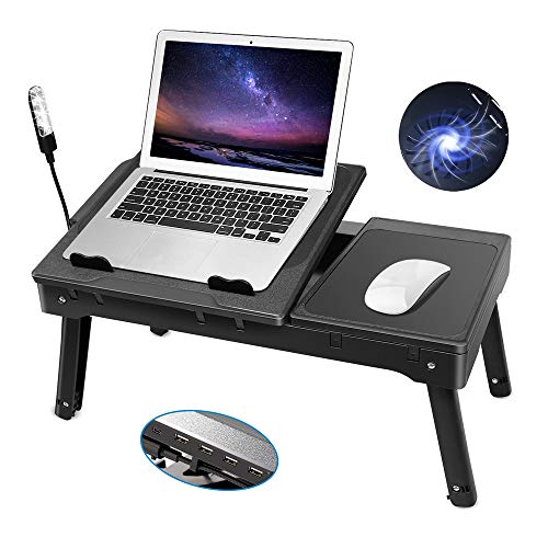 Product Cover Laptop Table for Bed-Moclever Multi-Functional Laptop Bed Tray with 2 Independent Laptop Stand-Foldable Adjustable to 2 Different Heights-Internal Cooling Fan for Laptop Desk-LED Desk Lamp-4 Port USB