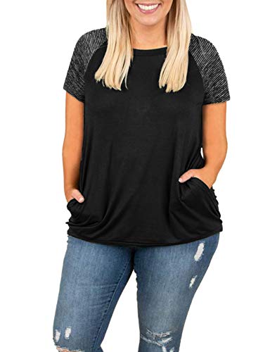 Product Cover Womens Tops Plus Size Raglan Shirt 3/4 Sleeve Short Sleeve Striped Crew Neck Tshirt Tunic with Pockets