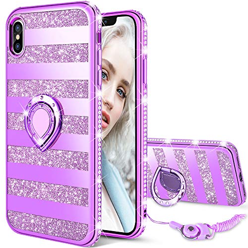 Product Cover Maxdara Case for iPhone Xs Max Glitter Case Striped Ring Grip Holder Kickstand with Bling Sparkle Diamond Rhinestone Protective Bumper Luxury Pretty Fashion Girls Women XS Max Case 6.5 inches (Purple)