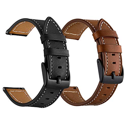 Product Cover LDFAS Leather Band Compatible for Samsung Galaxy Watch 42mm Bands, Genuine Leather Quick Release 20mm Watch Strap Compatible for Samsung Galaxy Watch Active 2 40mm/44mm Smartwatch Brown+Black (2 Pack)