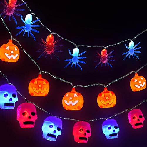 Product Cover FUN LITTLE TOYS Halloween Decorations 3 Pack Halloween String Lights with Pumpkin, Skull and Spider, 30 LED Lights for Halloween Party Decoration